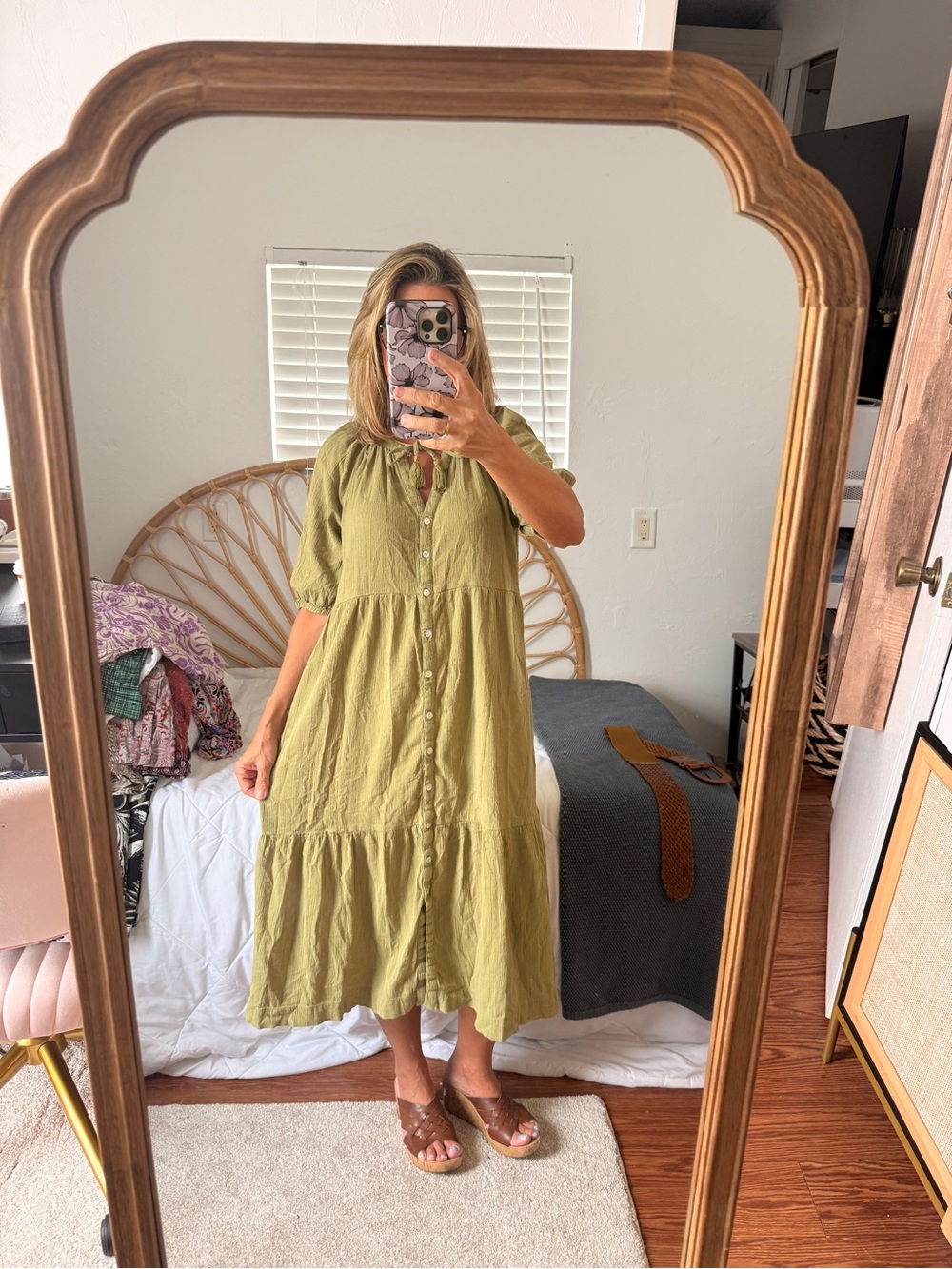 Olive Green Button Front Tiered Midi Dress